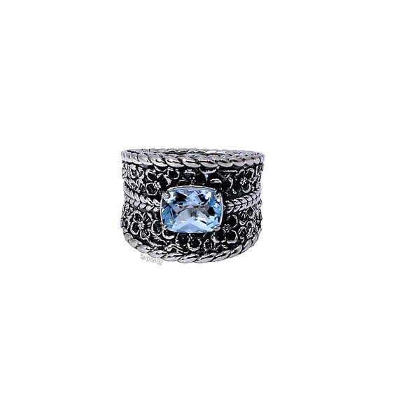 John Hardy JAI Blue Topaz+Floral Textured Saddle Band Sterling Silver Ring-7 NIB - Picture 7 of 15
